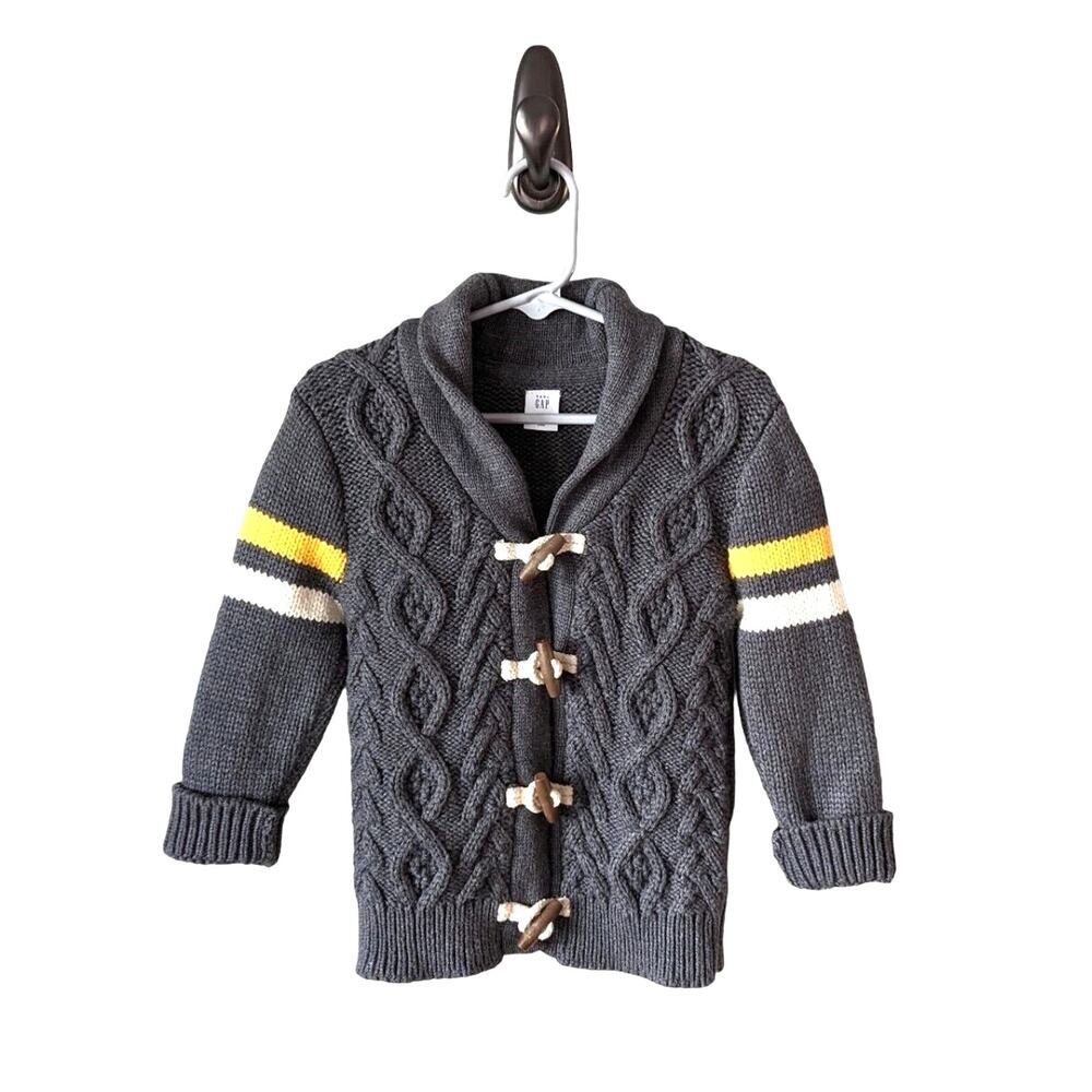GAP Cable Knit Cardigan Sweater Toddler 2T Preppy Retro Fisherman Gray Yellow